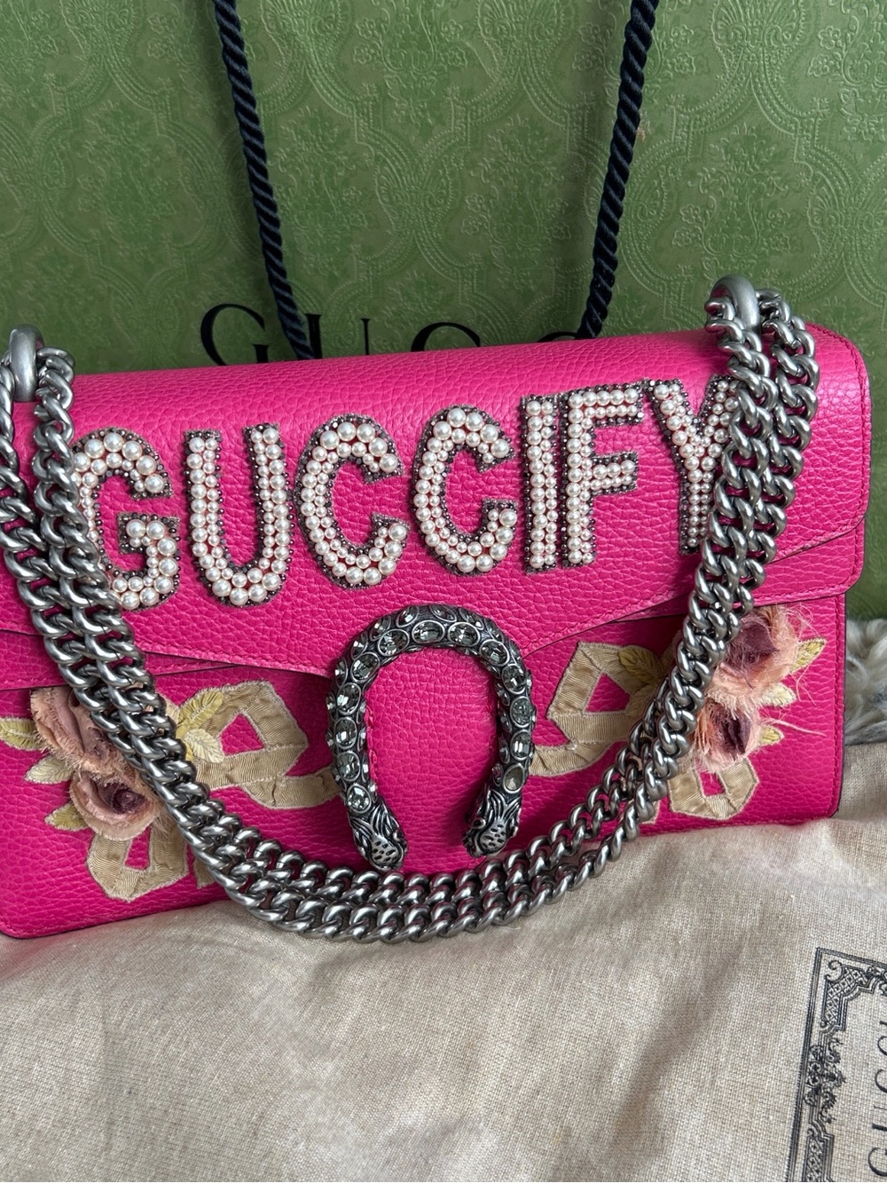 Gucci Pink Pearl-Embellished Shoulder Bag with Silver Chain
